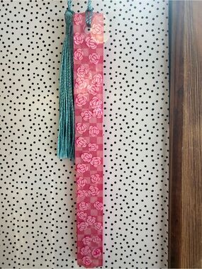 Pink Floral Checkered Ribbon Bookmark with Teal Tassel